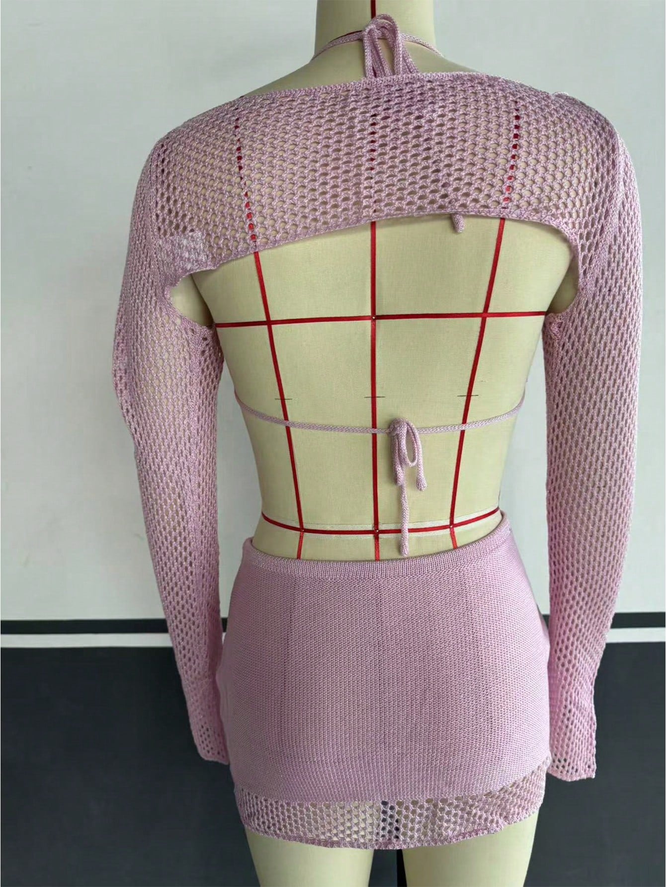 Women's Light Pink Knit Two-Piece Set with Crop Top and Mini Skirt