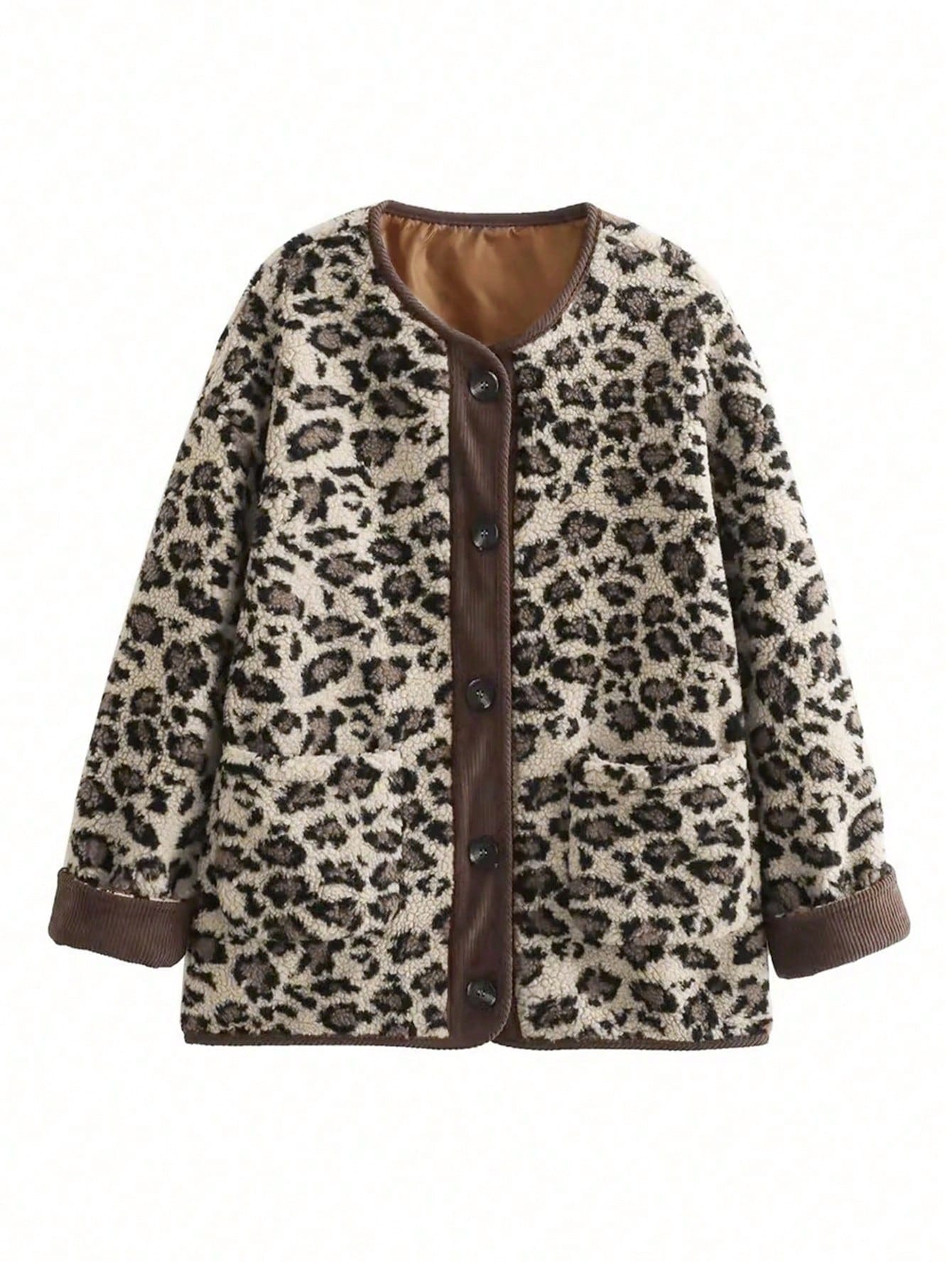 Women's Leopard Print Faux Fur Coat, Oversized Vintage-Inspired Casual Coat with Contrast Trim