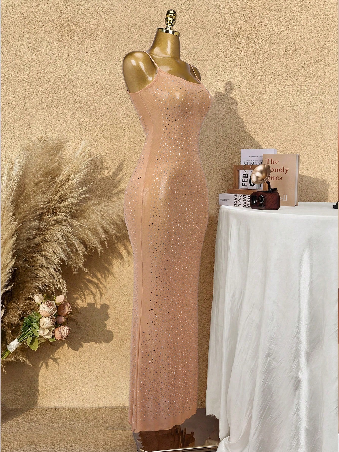 Women's Apricot Sheer Mesh Rhinestone Bodycon Maxi Dress with Spaghetti Straps