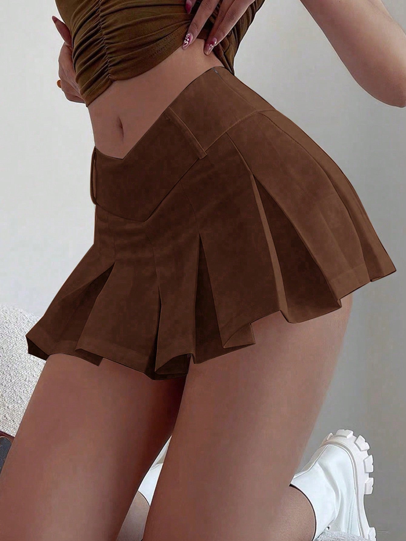 Women's Sexy Brown Pleated Mini Skirt High Waist A-Line Tennis Skirt Wholesale