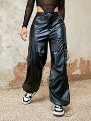 Women's Black Faux Leather Wide-Leg Pants - High-Waisted Straight-Leg Trousers, Edgy Streetwear & Party Wear
