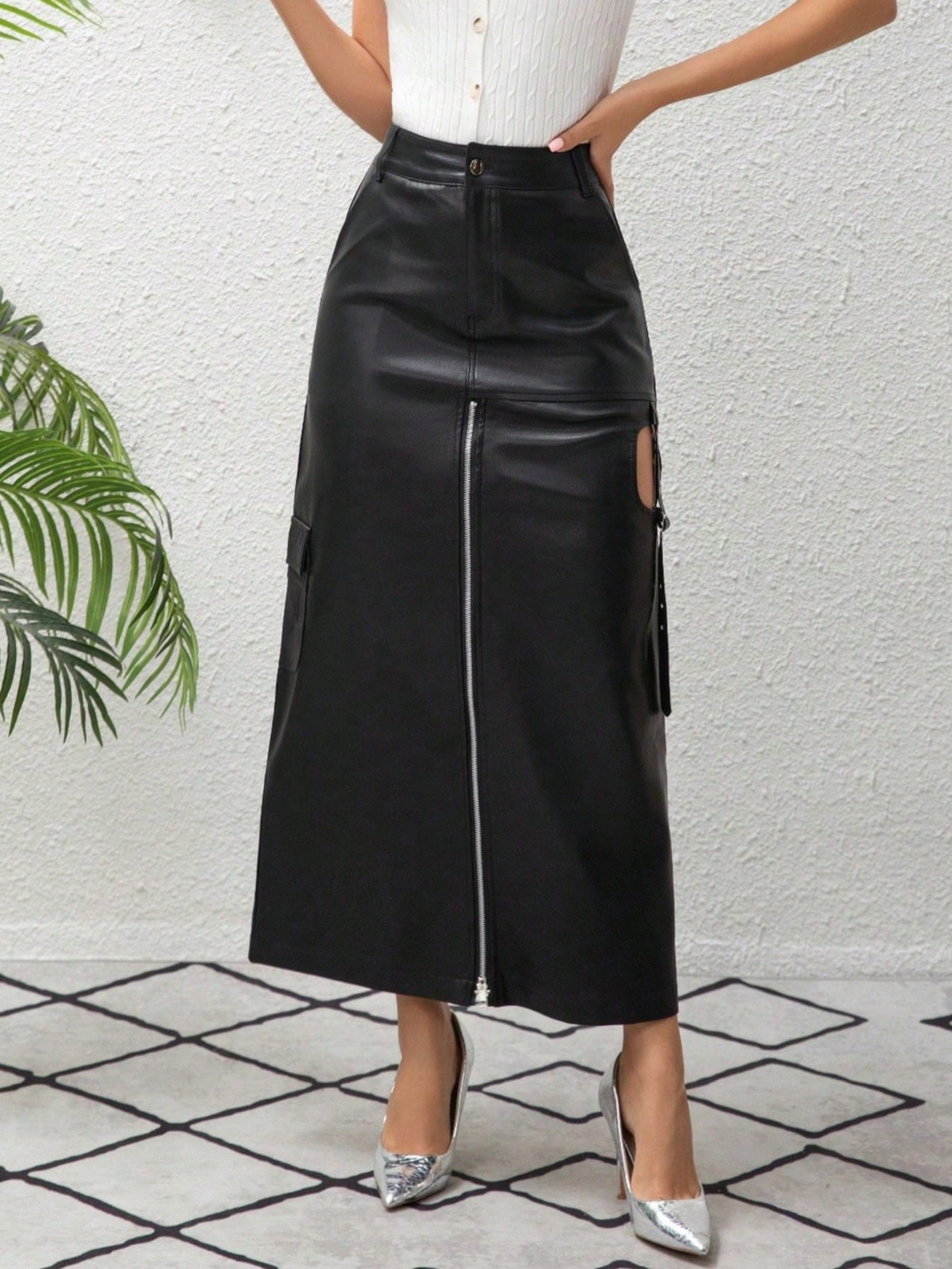 Women's Faux Leather Maxi Skirt with High Slit and Belt Detail Sexy Party Long Skirts
