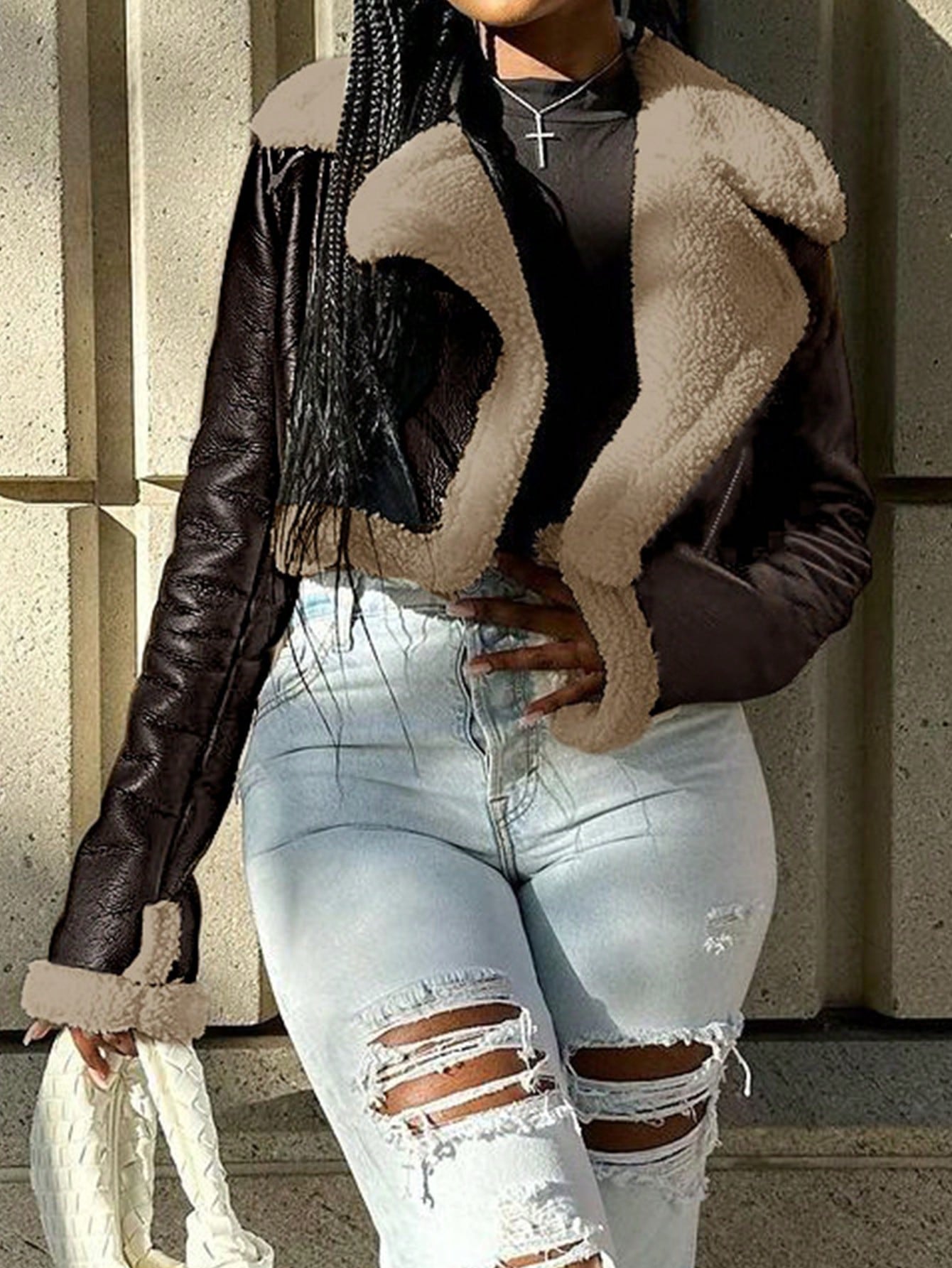 Women's Chocolate Brown PU Leather Cropped Jacket with Faux Fur Trim Winter Coat