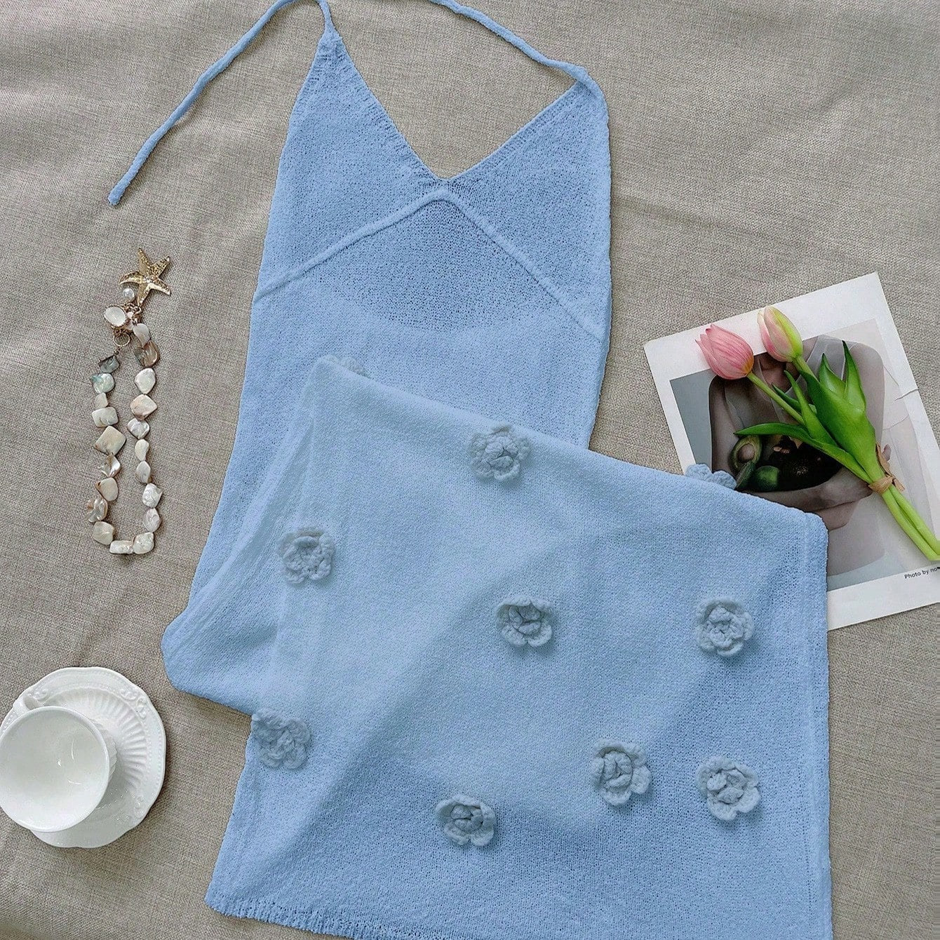Women's Blue Ribbed Knit Henley Top with Button Placket