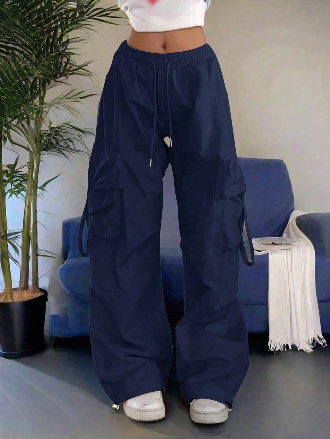 Women's Navy Blue Cotton Full-length cargo pants with cargo pockets