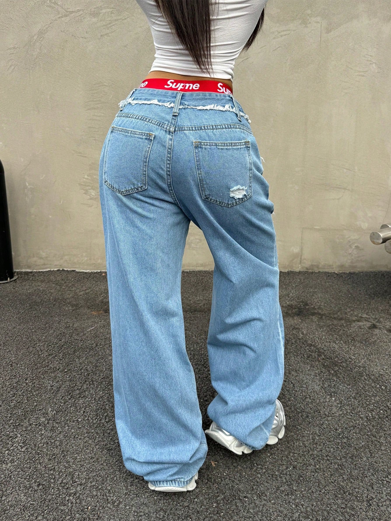 Women's Light Blue Distressed Wide-Leg Ripped Denim Jeans
