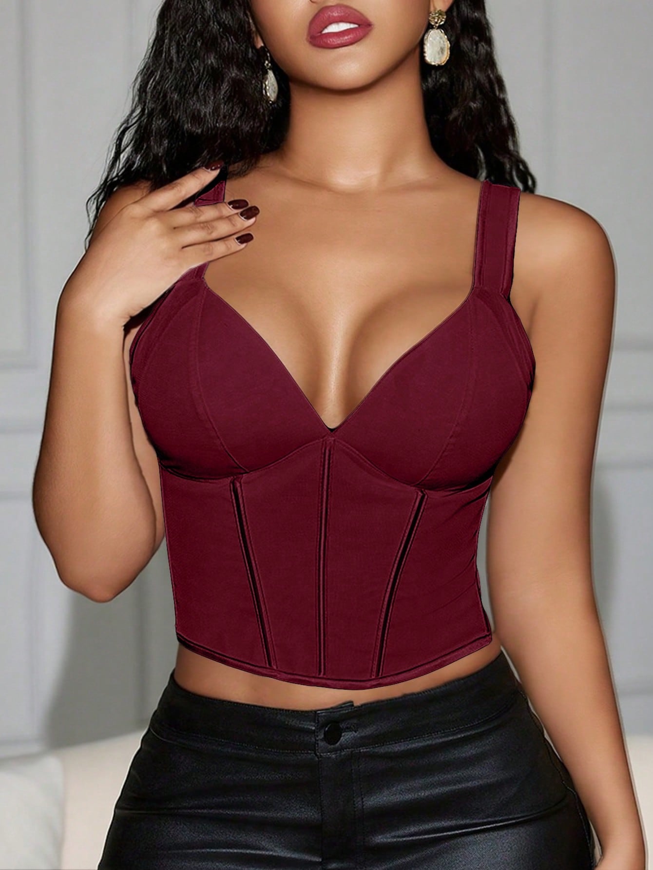 Women's Burgundy Deep V-Neck Spaghetti Strap Overbust Corset Bustier