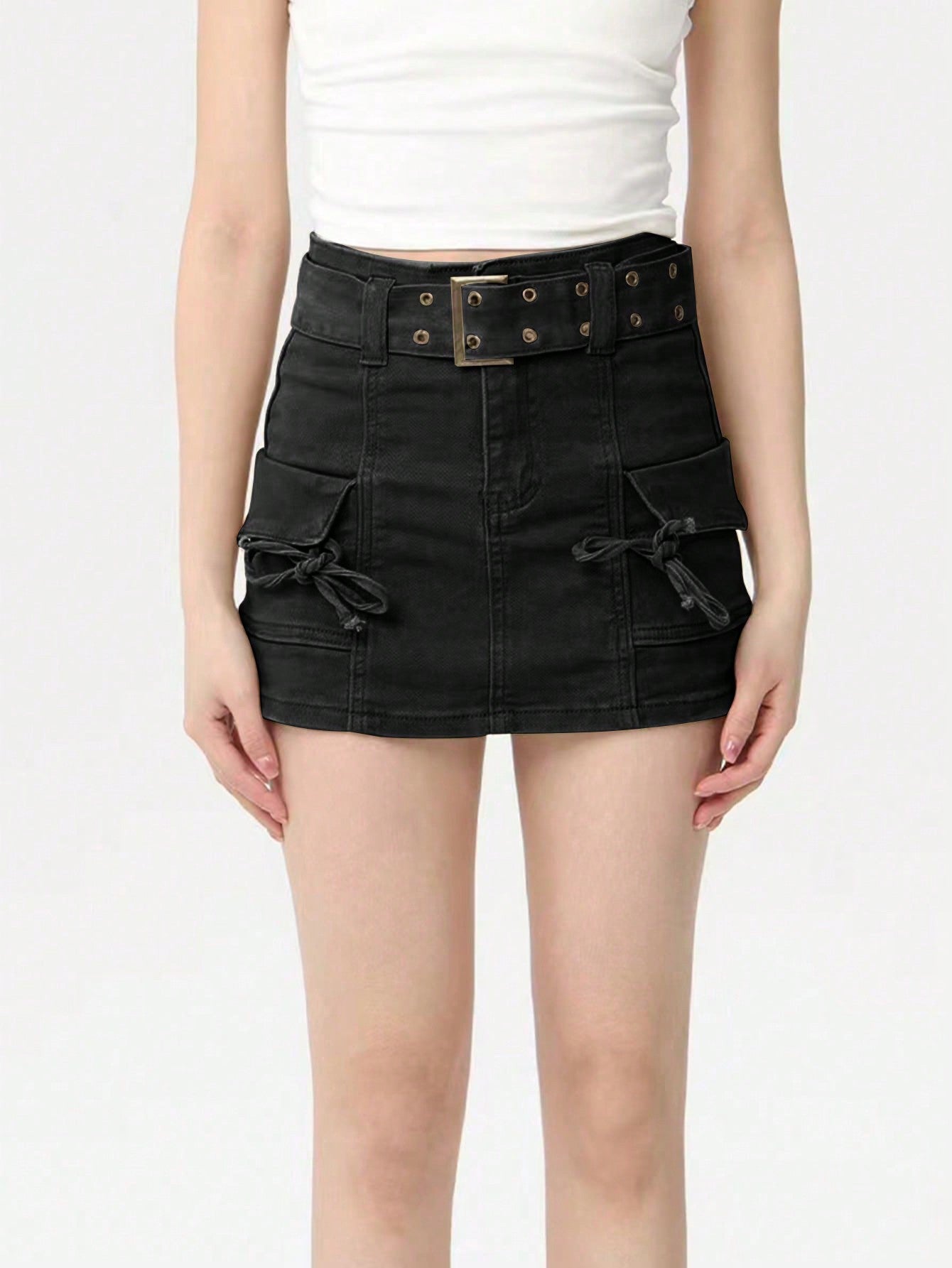 Women's Multi-Color Cargo Mini Skirt - Belted Ruched Skirt with Pockets, Y2K Street Style