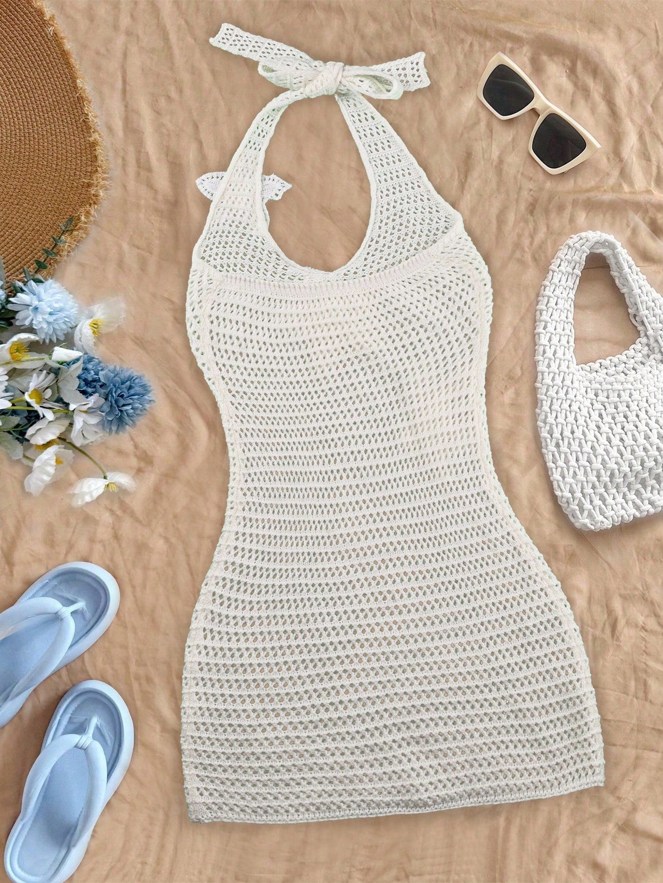 Women's Floral Applique Halter Mini Dress Crochet Hollow Out Summer