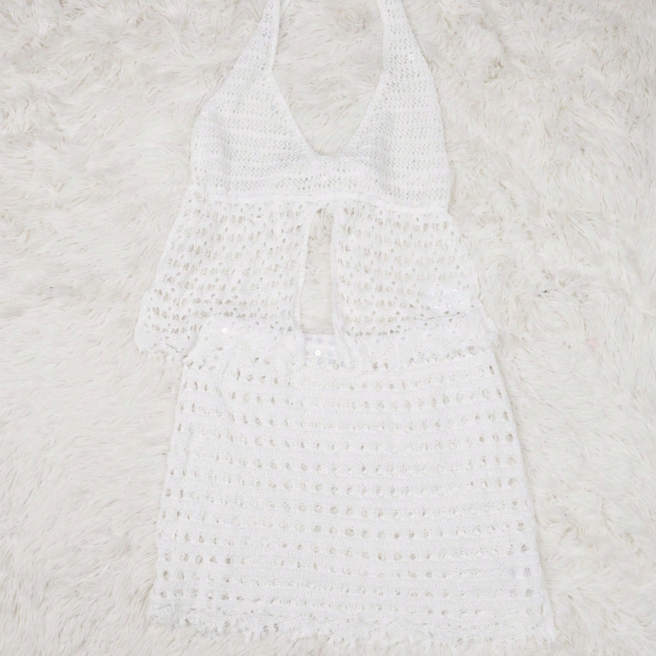 Women's White Lace Crochet Two-Piece Halter Top and Mini Skirt Set
