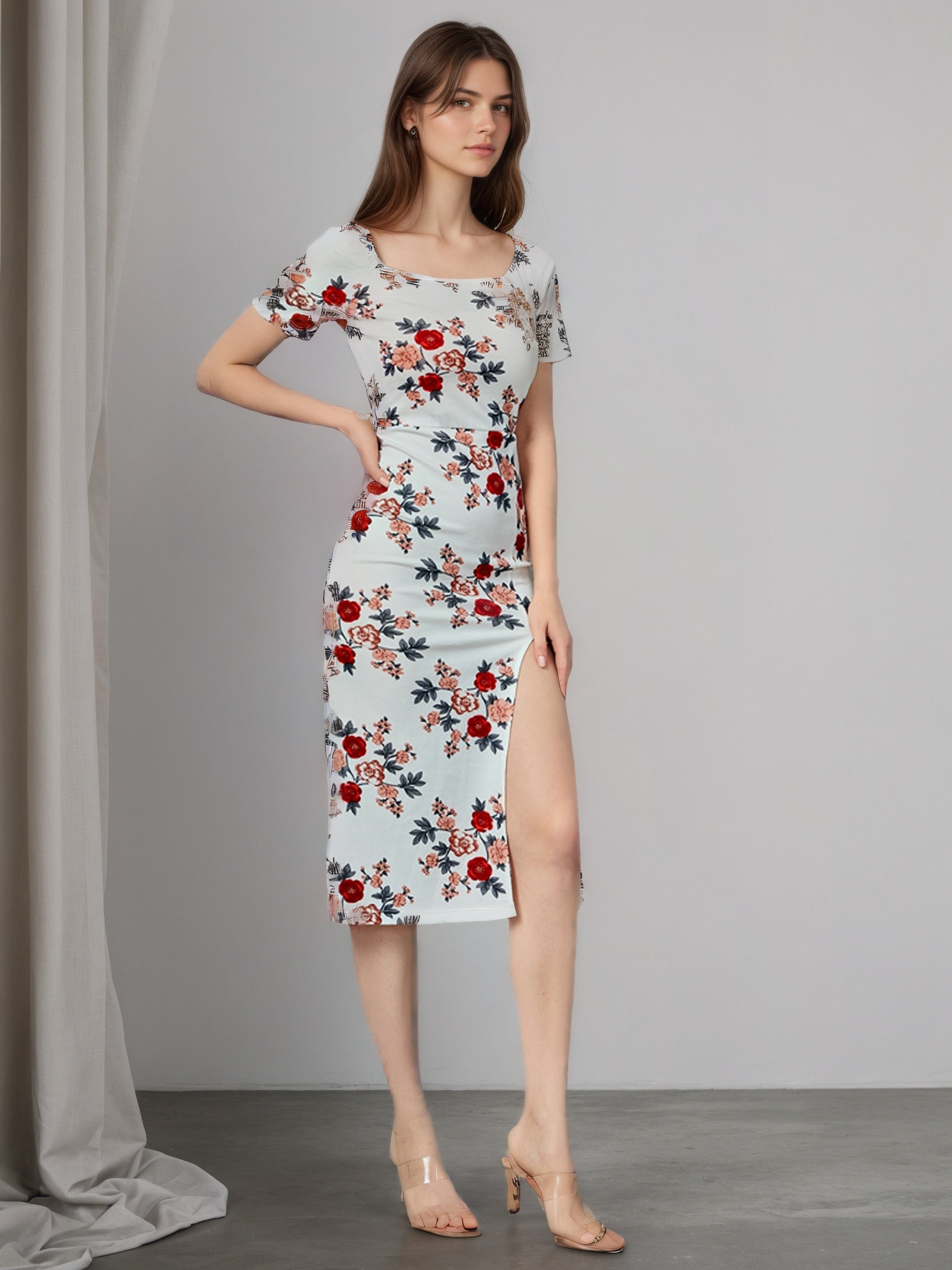 Pre-order Women's Floral Square Neck Side-Slit Midi Dress | MOQ 24 Units | 10-15 Calendar Days Shipping