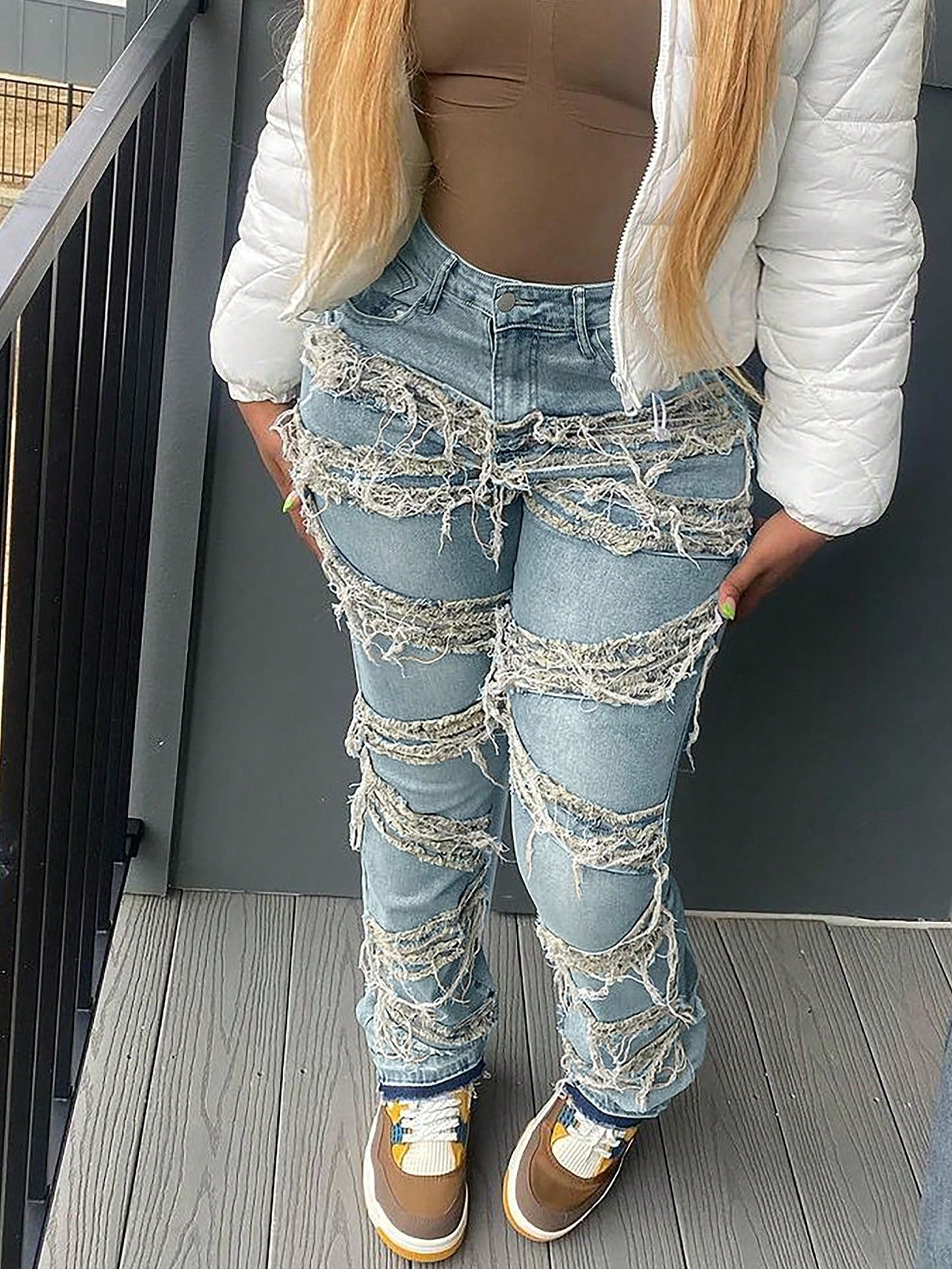 Women's Blue Heavily Distressed Straight Leg Denim Jeans