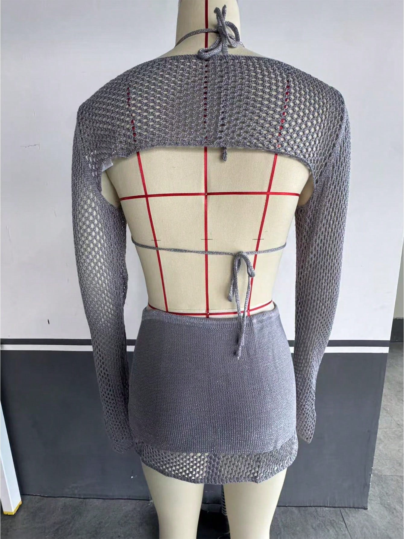 Women's Gray Knit Two-Piece Set with Crop Top and Mini Skirt