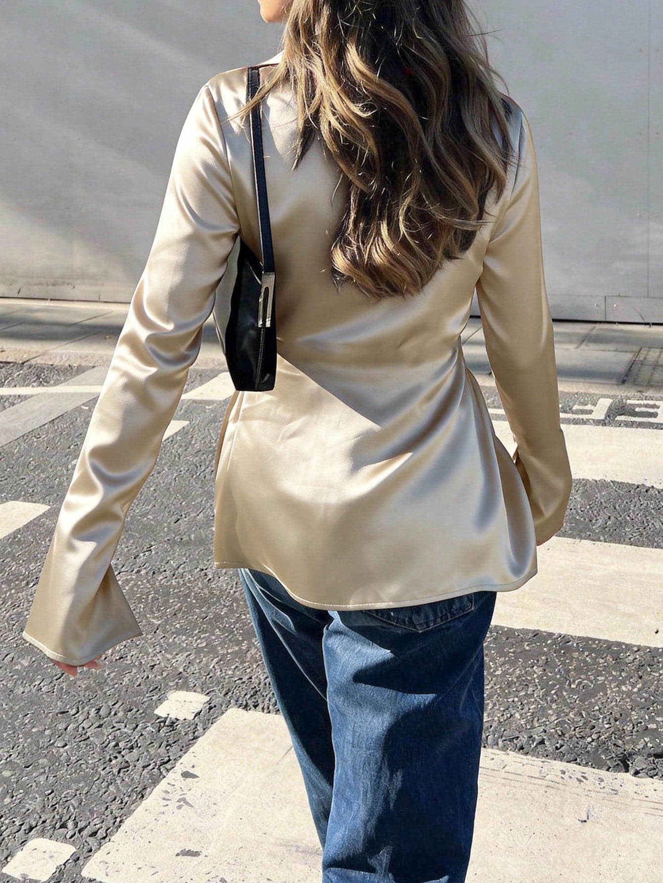 Women's Apricot Satin Tie-Front Long Sleeve Top with V-Neck