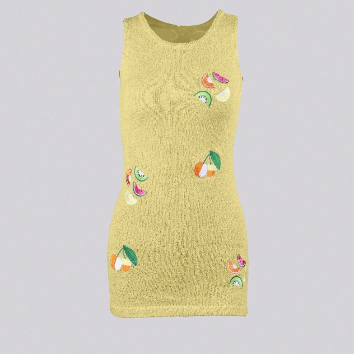 Women's Yellow Fruit Print Embroidered Sleeveless Knit Dress