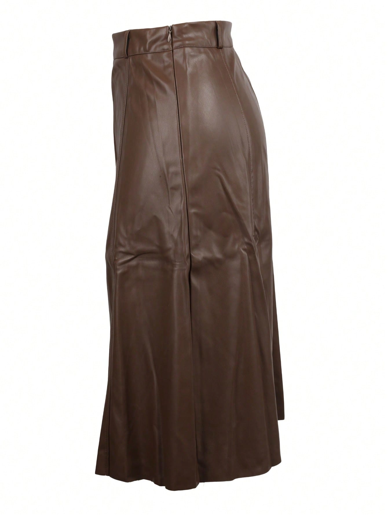 Women's Brown PU Leather A-Line Skirt High Waisted Midi Faux Leather Skirt