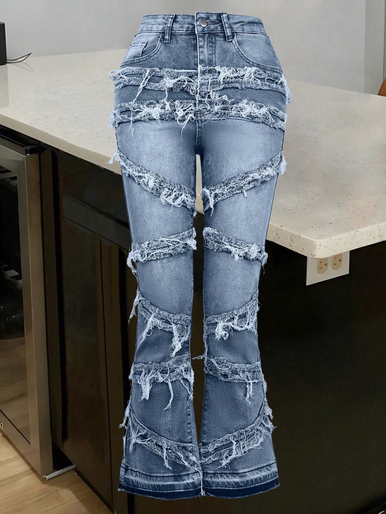 Women's Blue Heavily Distressed Shredded Fringe Jeans