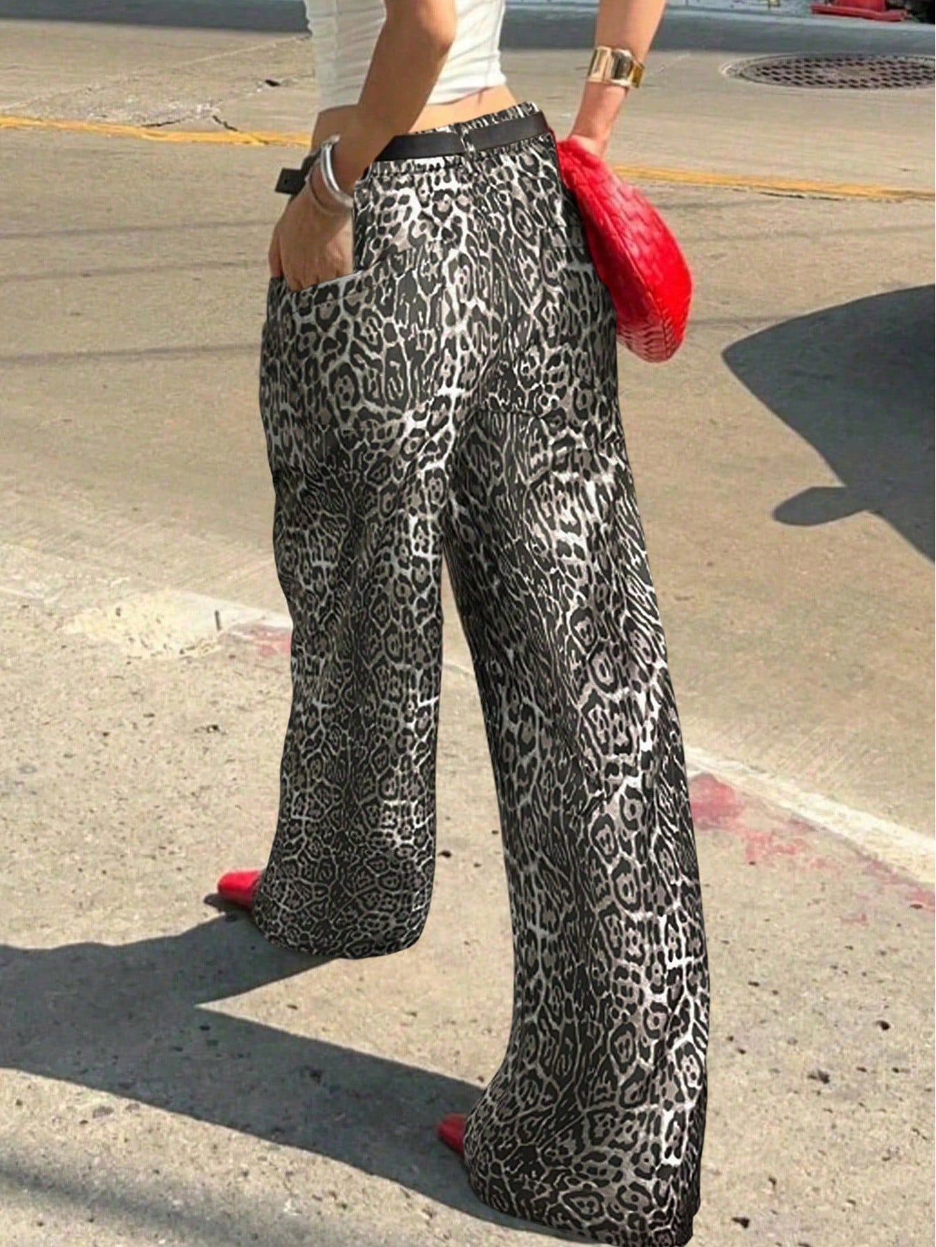 Women's Leopard Cotton Full-length cargo pants with cargo pockets