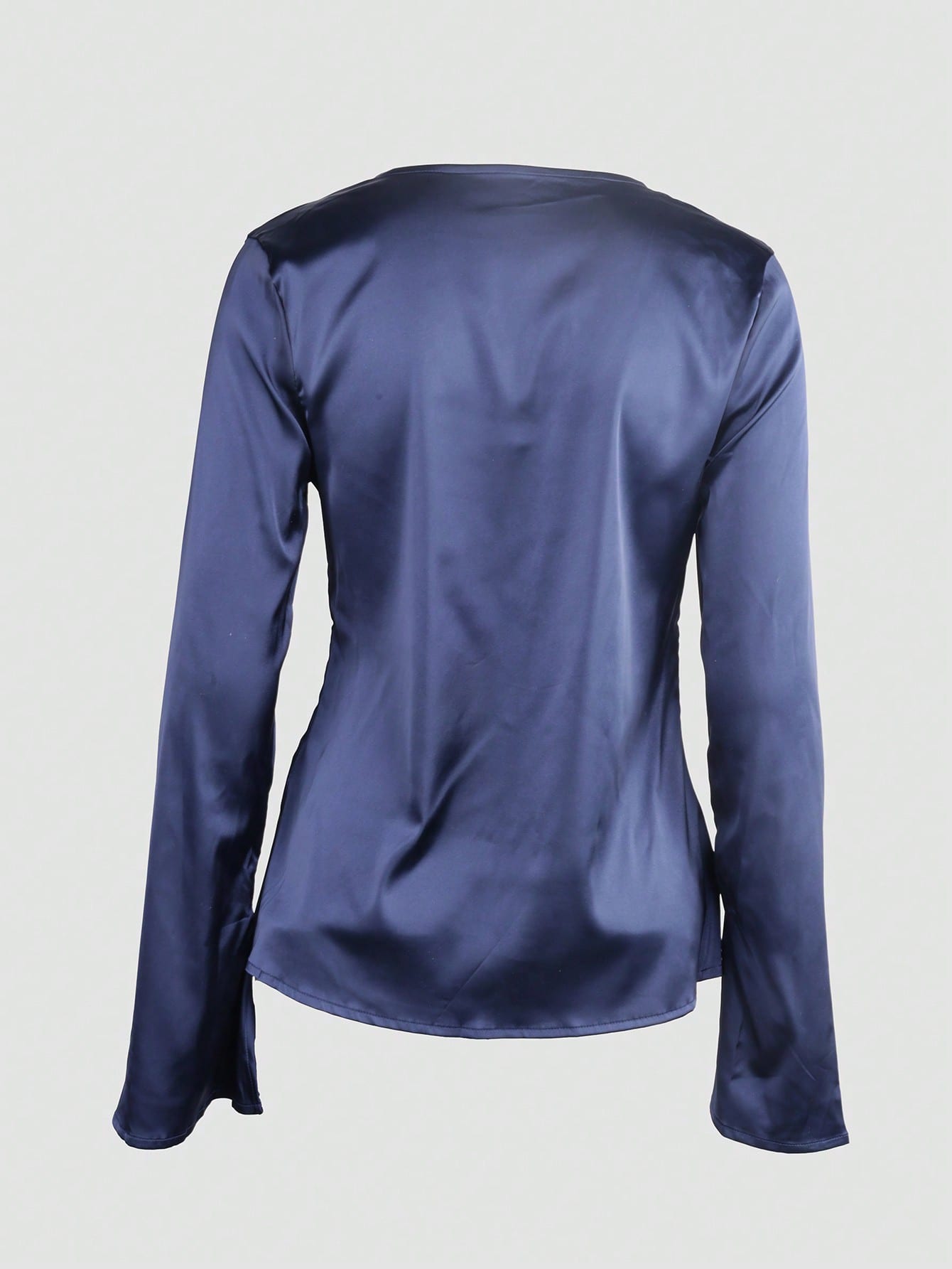 Women's Navy Blue Satin Tie-Front V-Neck Top with Long Sleeves