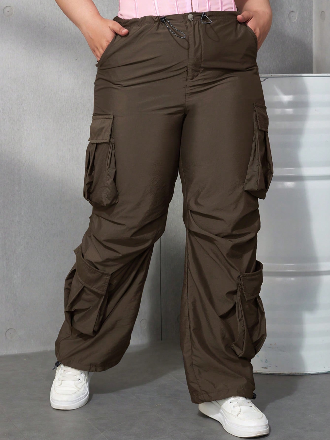 Women's Dark Brown Polyamide Blend Multi-Pocket Baggy Cargo Pants