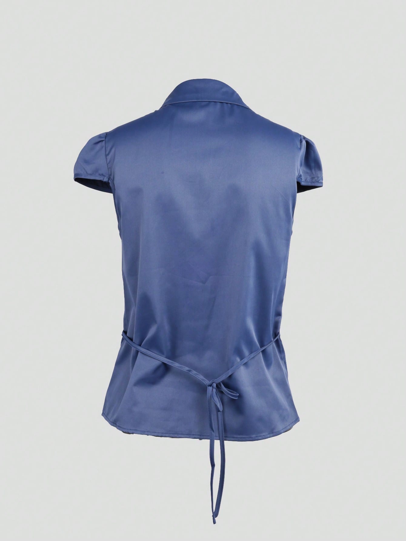 Women's Women Navy Blue Satin Short Sleeve Blouse with Pleated Detail