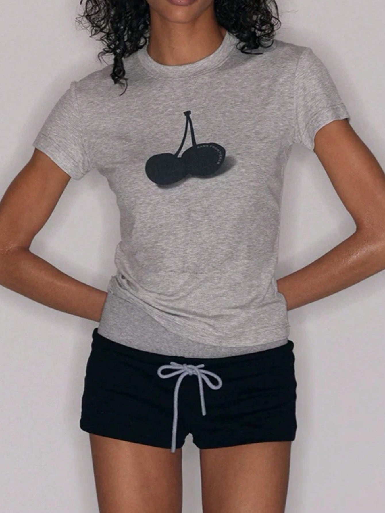 Women's Grey Viscose Blend Slim Fit Cherry Graphic Short Sleeve T-Shirt