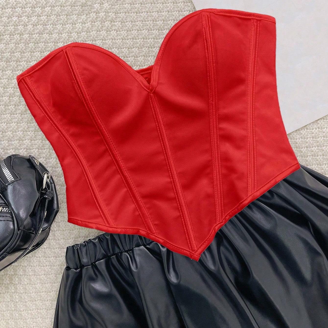Women's Women Sexy Red Satin Corset Top Heart Neck Boned Waist Cincher