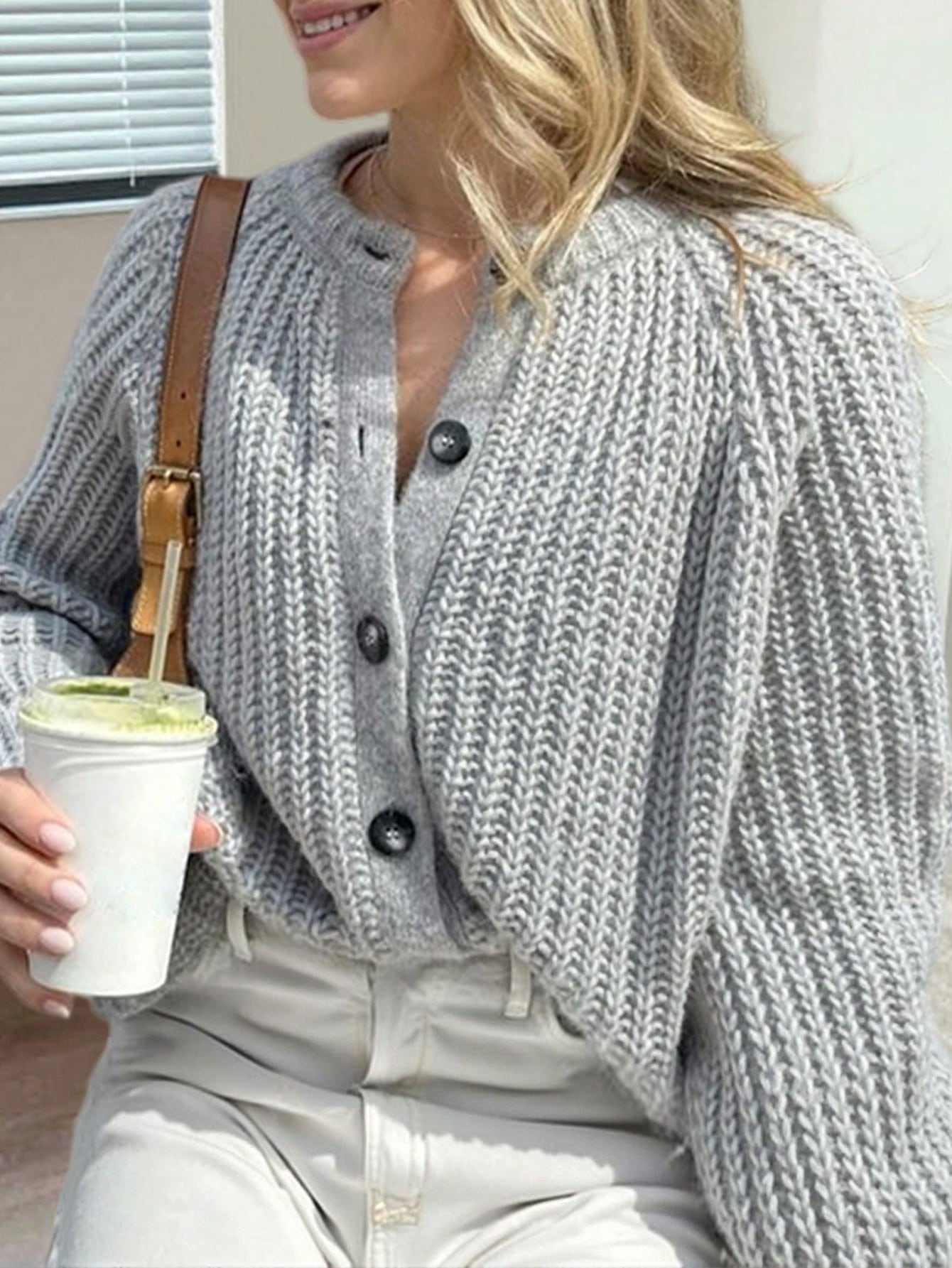 Women's Grey Striped Knit Cardigan, Oversized Button-Down Casual Sweater Cardigan with Drop Shoulder Design