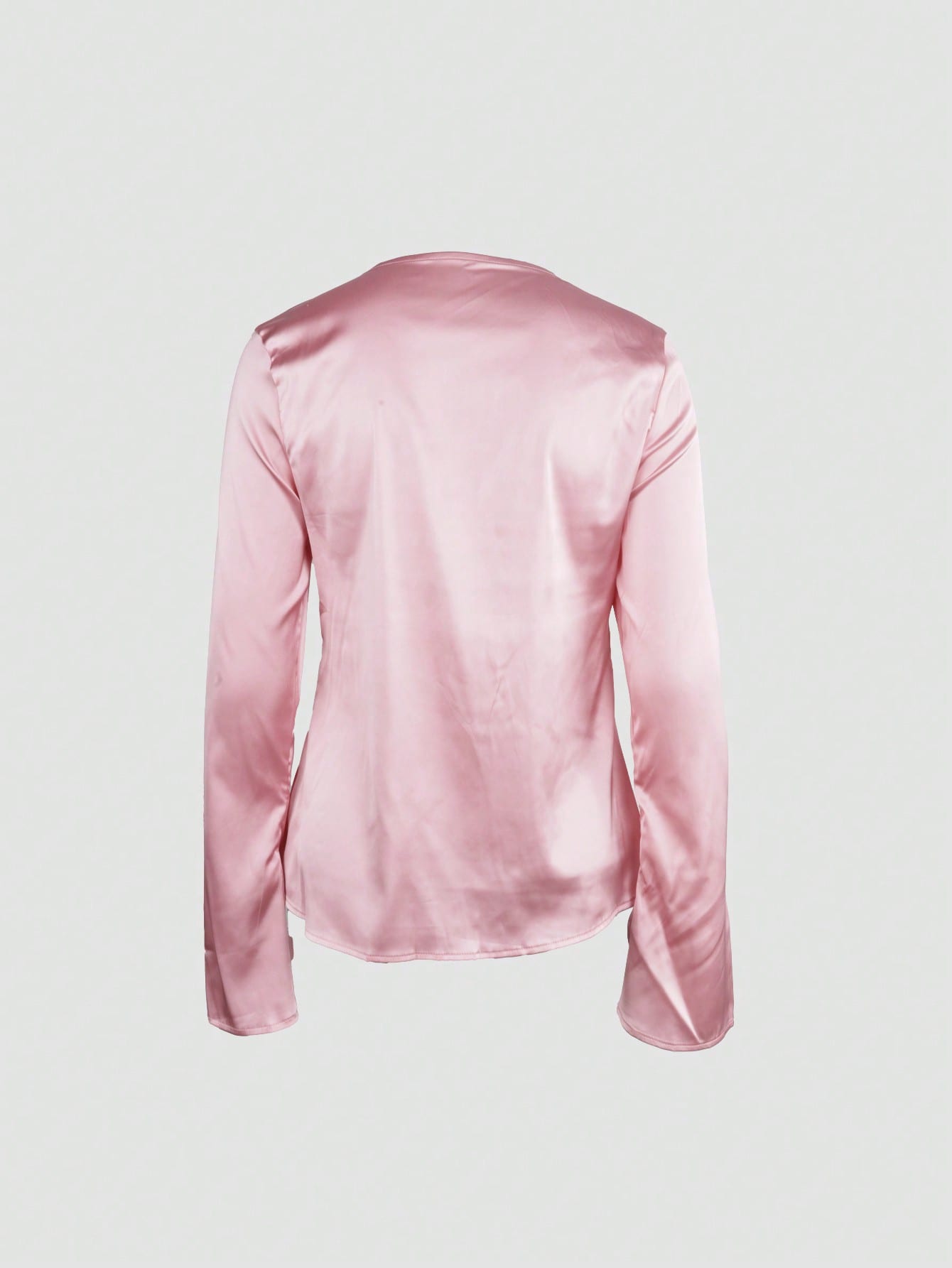 Women's Pink Satin Tie-Front Long Sleeve Top with V-Neck