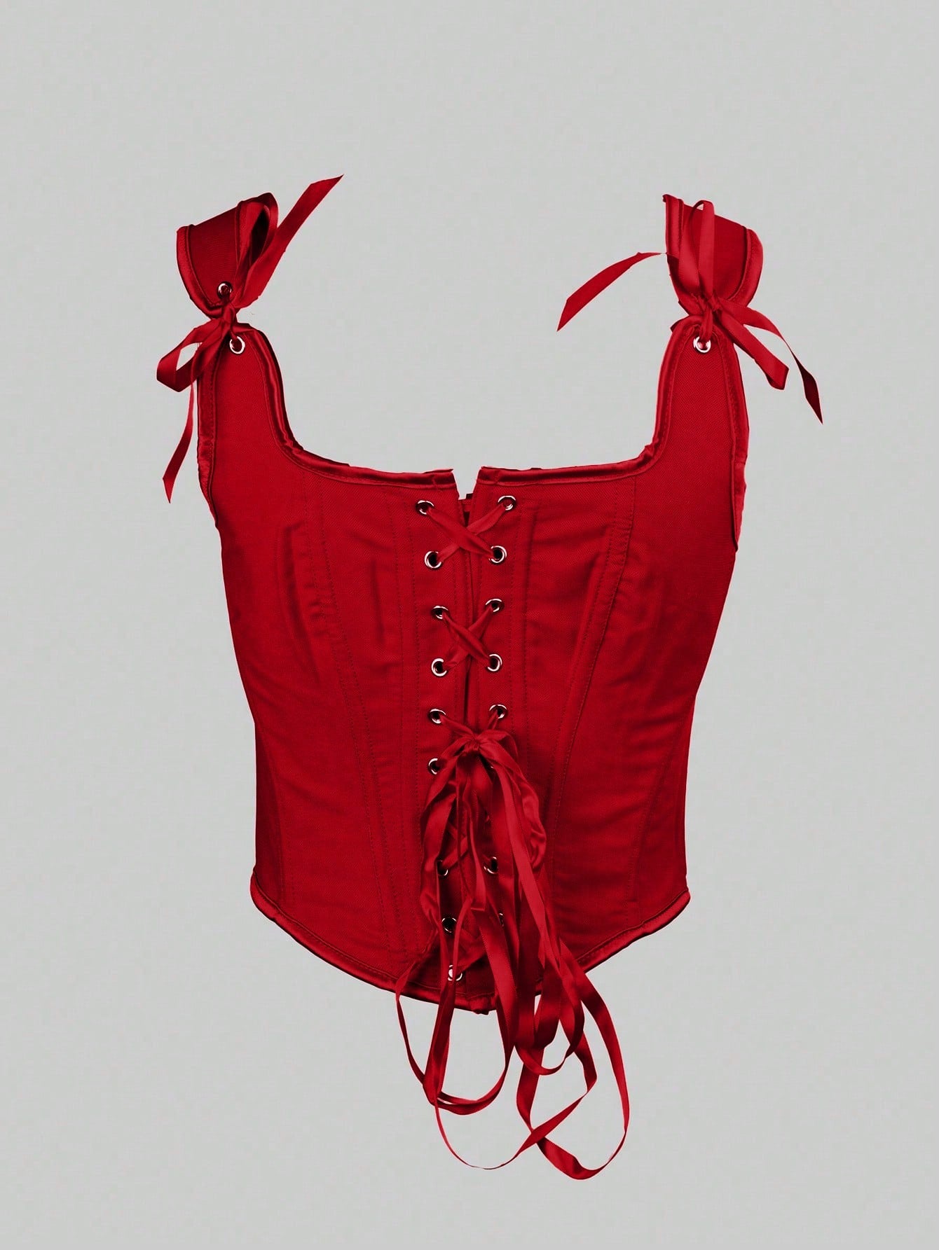 Women's Red Lace-Up Corset Top with Tie-Shoulder Straps and Structured Bodice