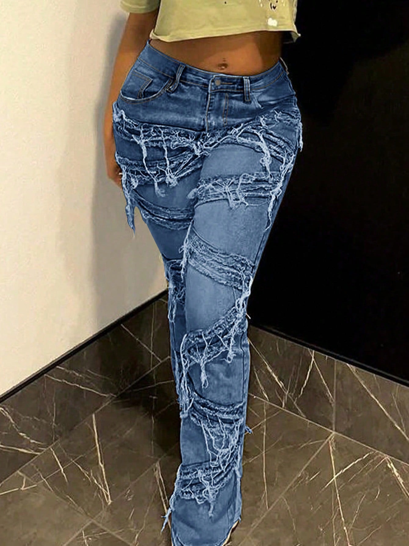 Women's Mid Blue Heavily Distressed Raw Hem Straight-Leg Jeans