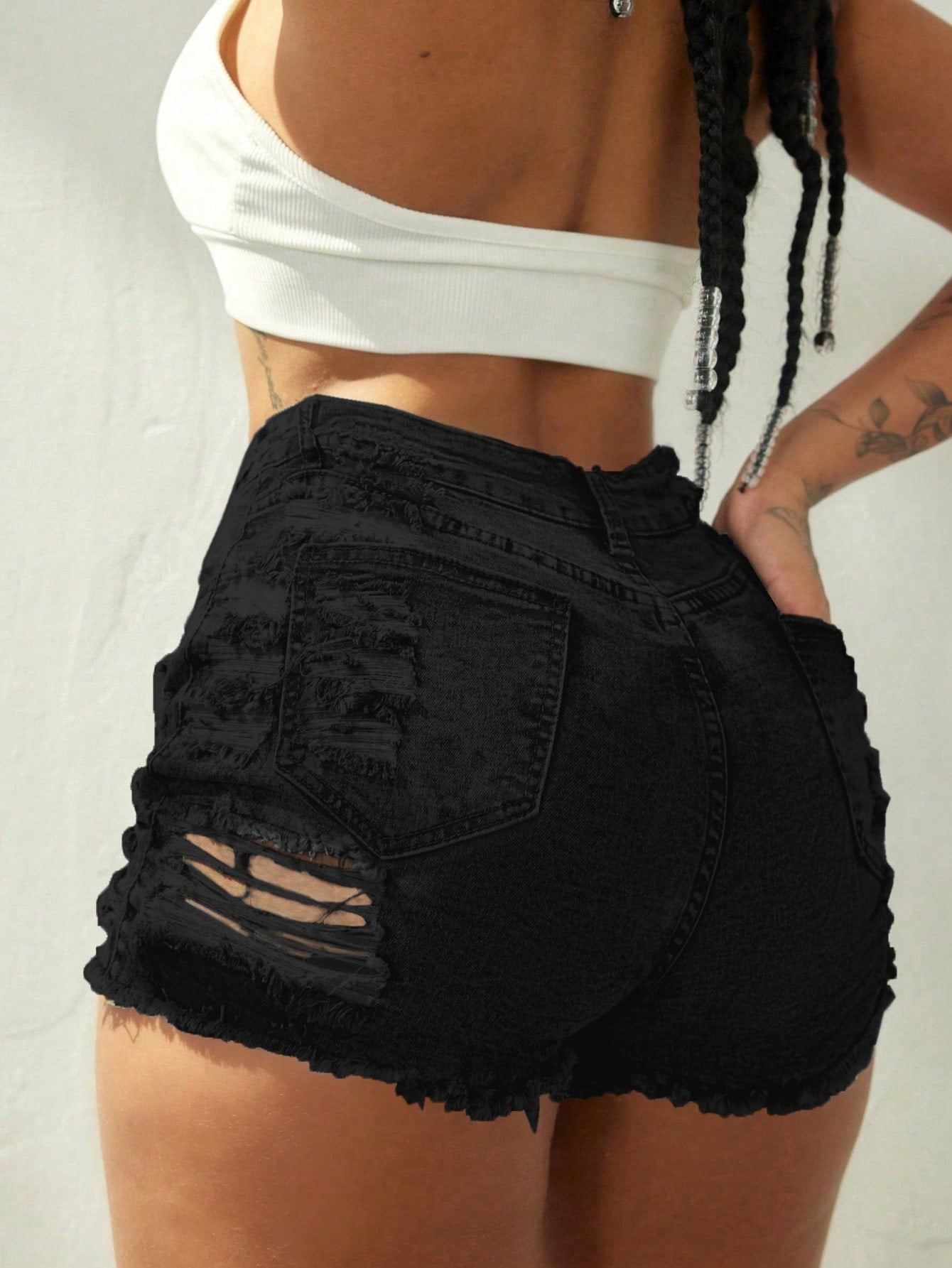 Women's Black Heavily Distressed High-Waist Denim Shorts