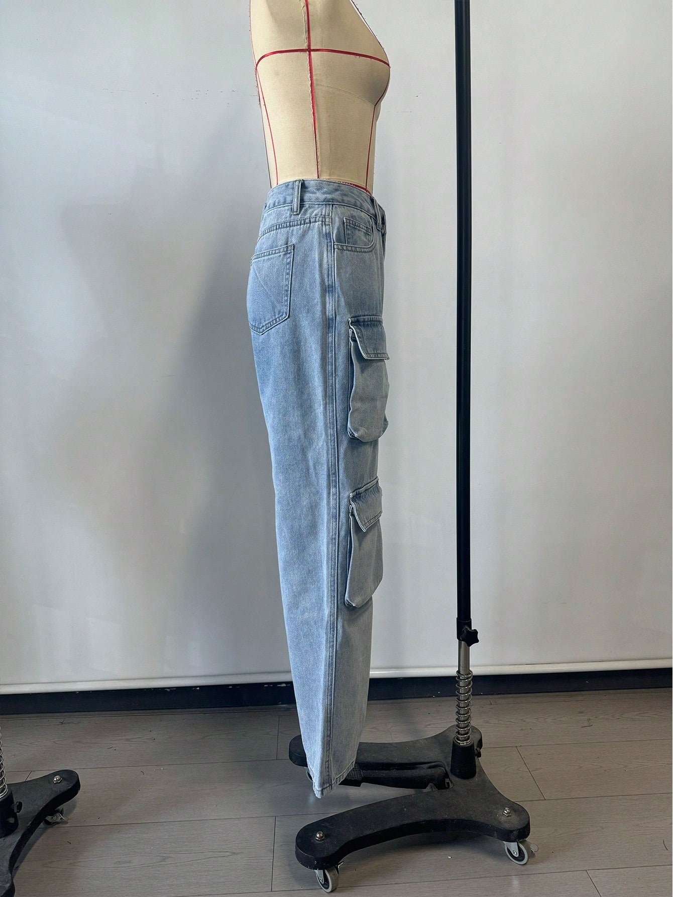 Women's Blue High-Waist Multi-Pocket Denim Cargo Pants