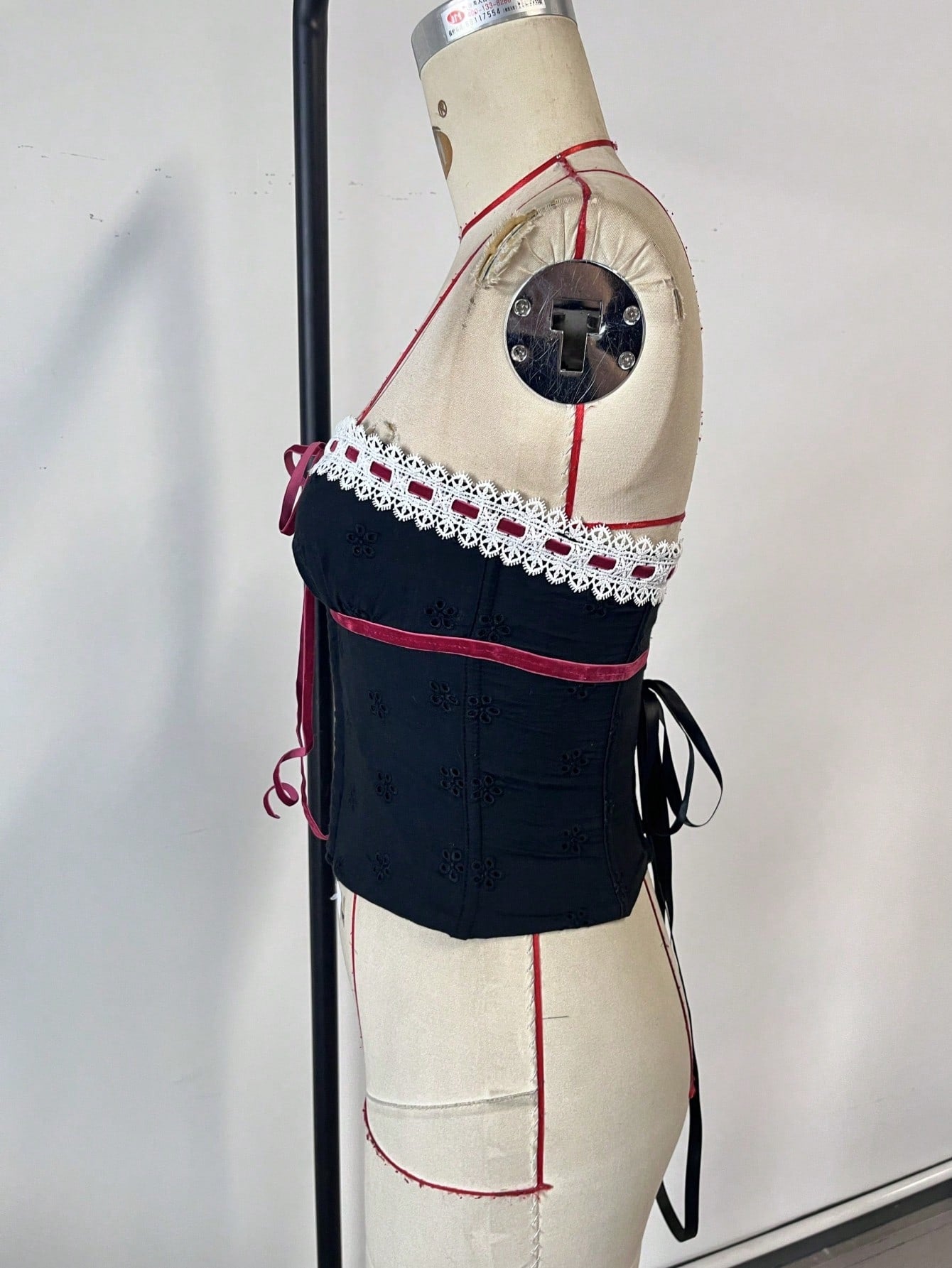 Women's Lace-Up Bustier Corset Top with Contrast Lace and Ribbon