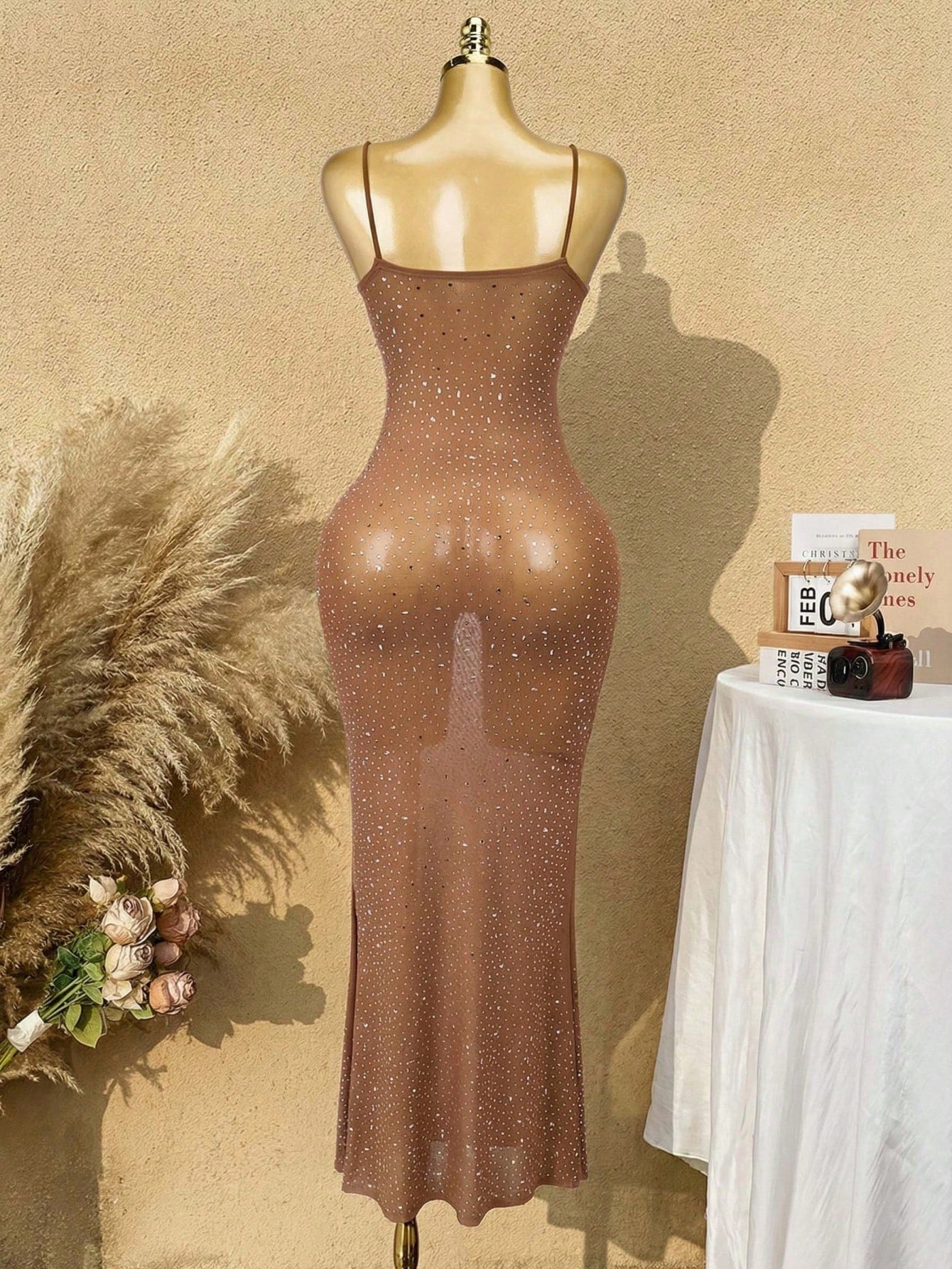 Women's Brown Art Deco Sequin Fringe Evening Dress