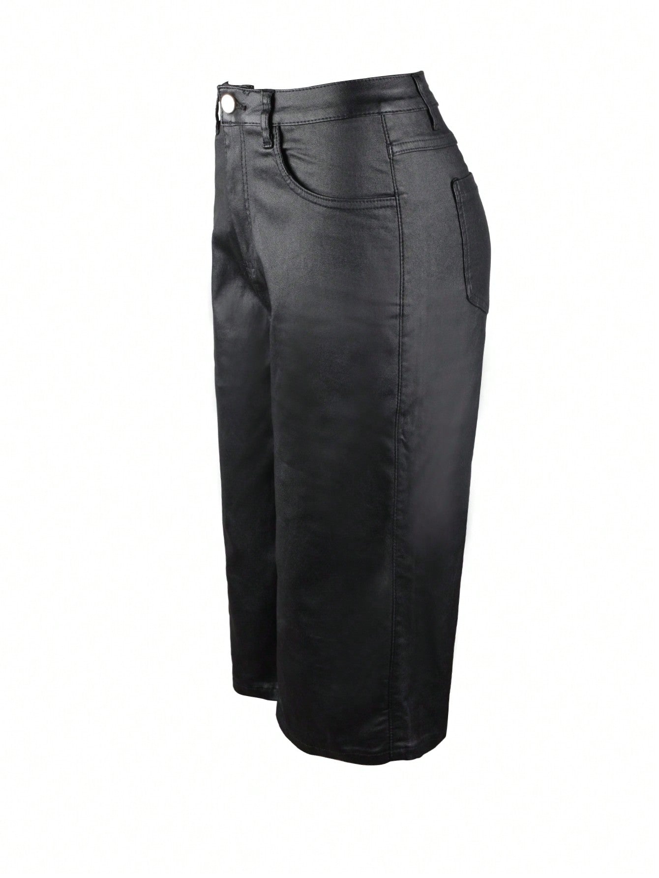 Black High Waist Coated Denim Knee Length Bermuda Shorts
