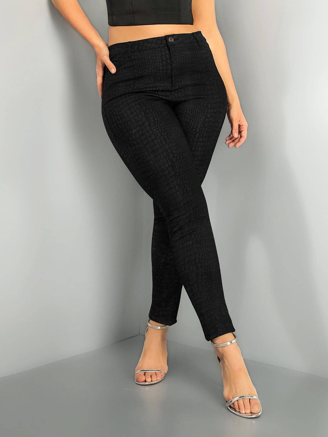 Women's Plus Size Women's Black Textured Snake Skin Print Skinny PU Leather Pants