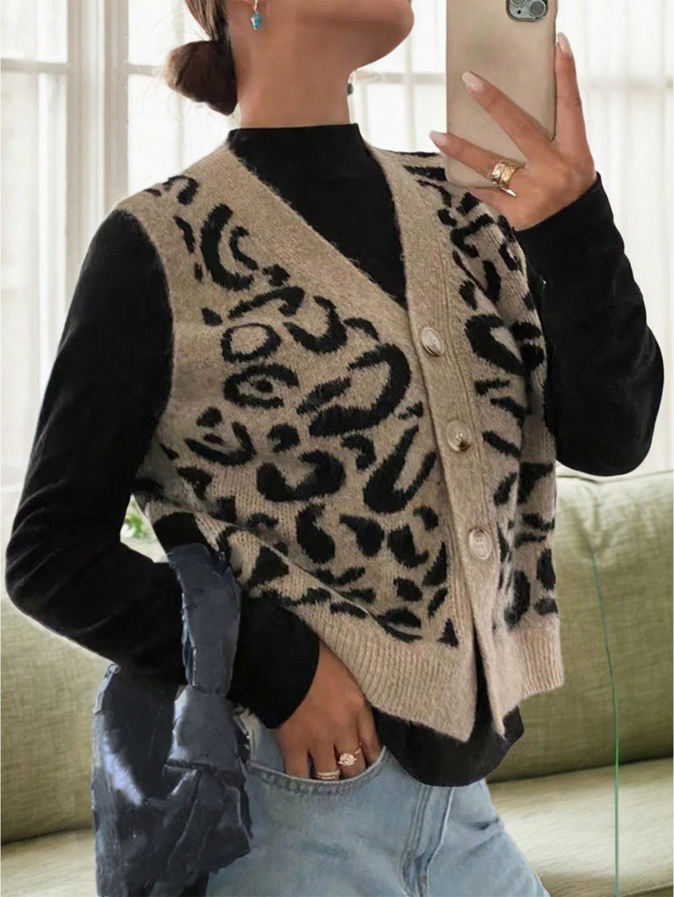 Women's Leopard Print Knit Cardigan Vest with Gold Buttons