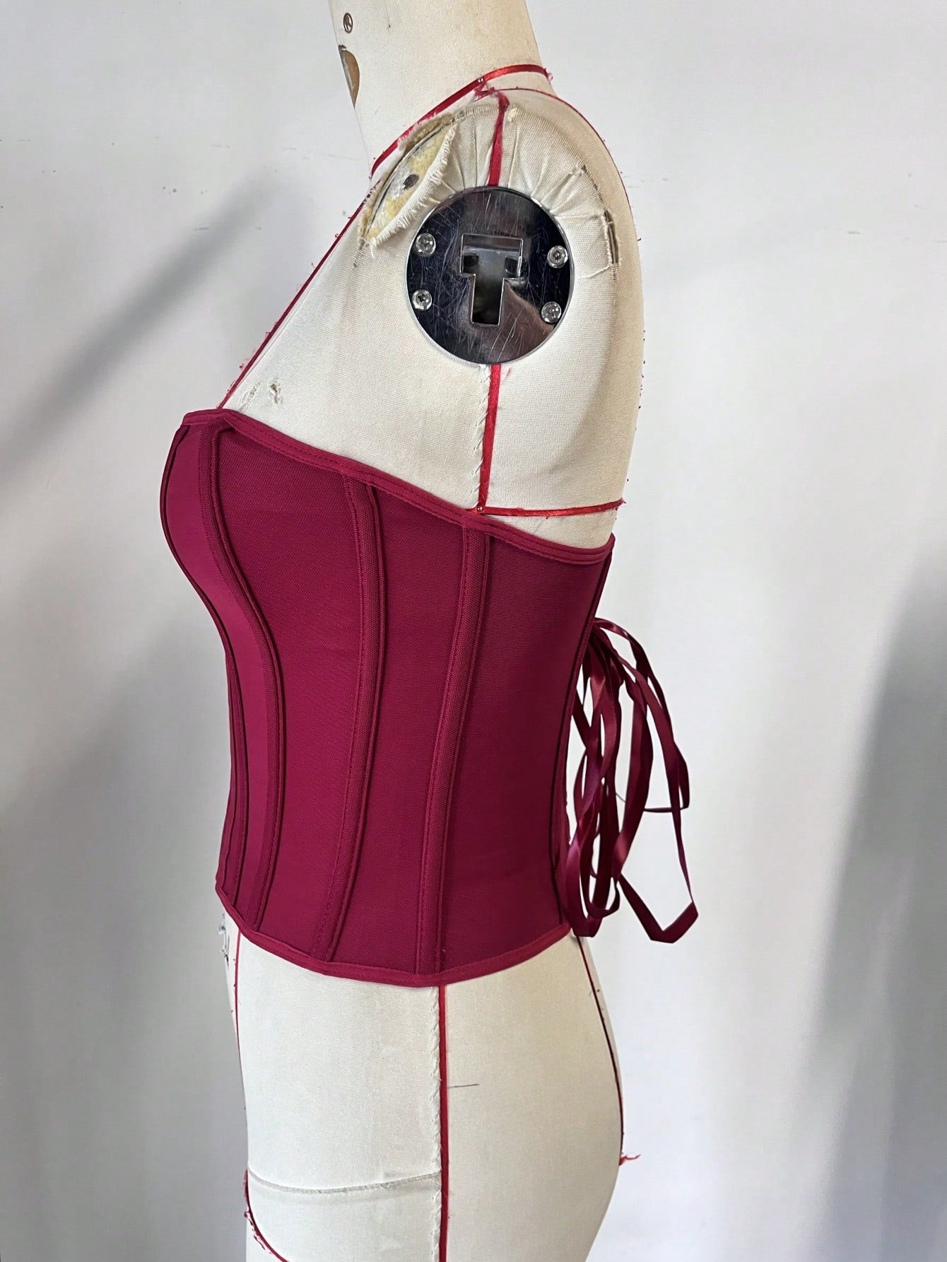 Women's Burgundy Check Plaid Strapless Corset Bustier