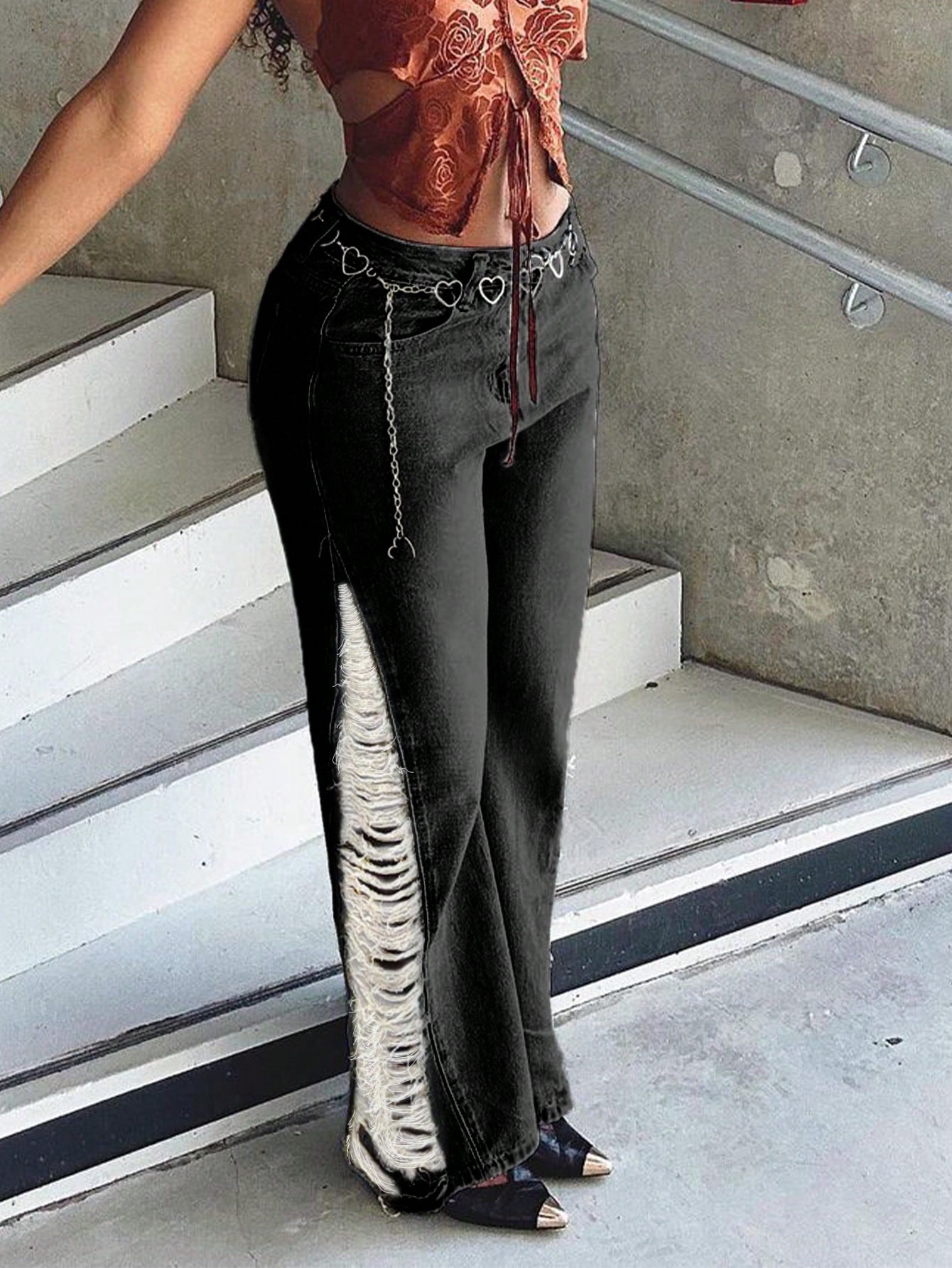 Black Denim Cargo Jeans with Orange Fur Cuffs - Baggy Streetwear Pants with Contrast Patchwork