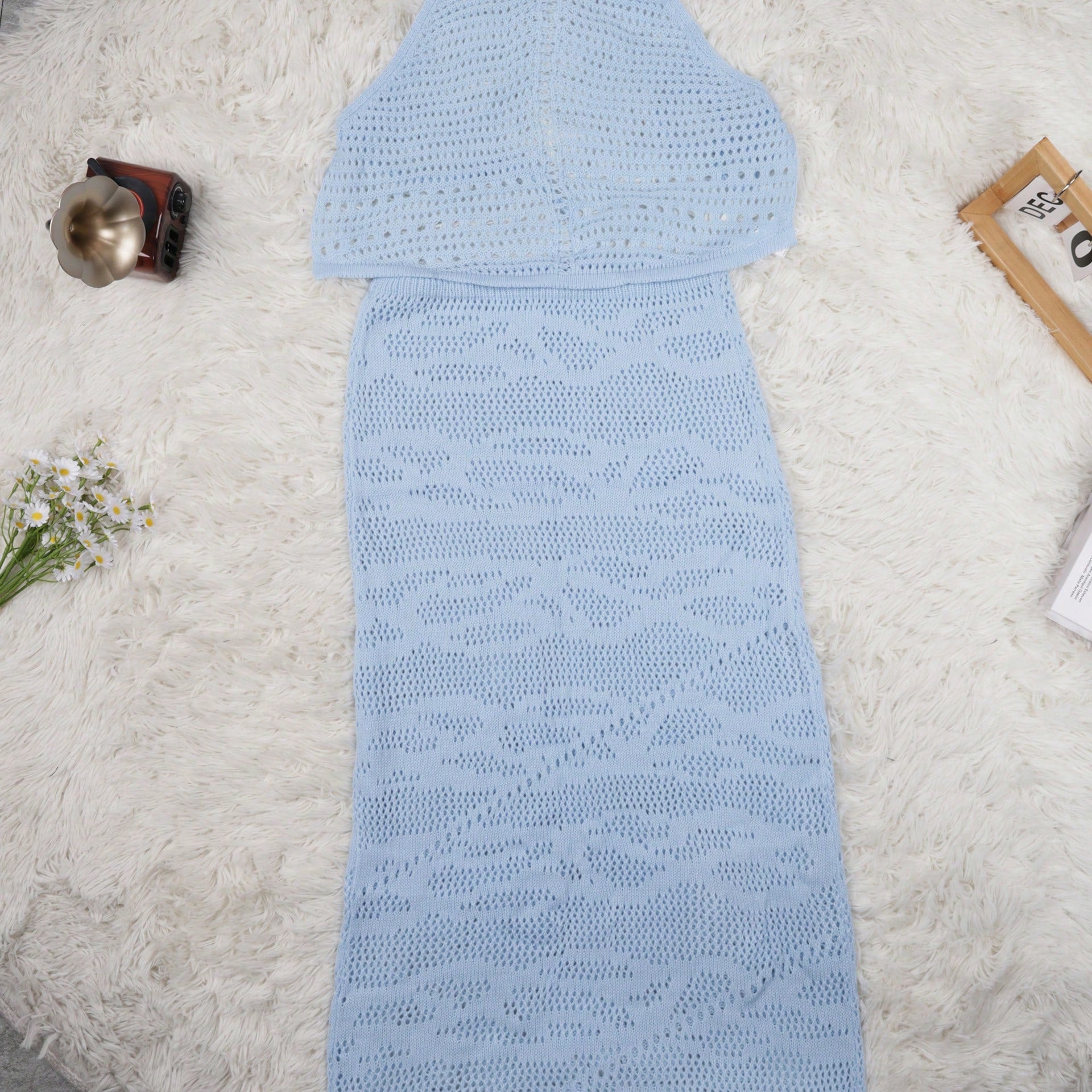 Women's Light Blue Crochet Halter Crop Top and Maxi Skirt Two-Piece Set