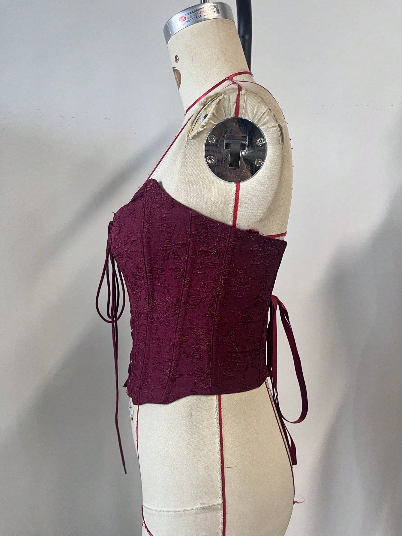 Women's Burgundy Floral Jacquard Lace-Up Corset Bustier