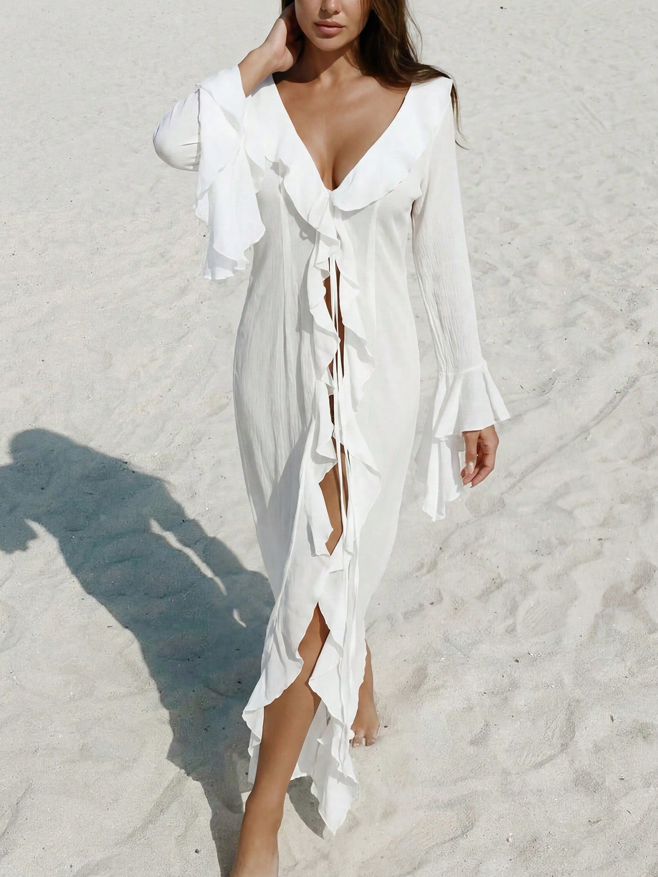 Women's White Polyester Blend Ruffle Sleeve Mini Dress with Square Neck