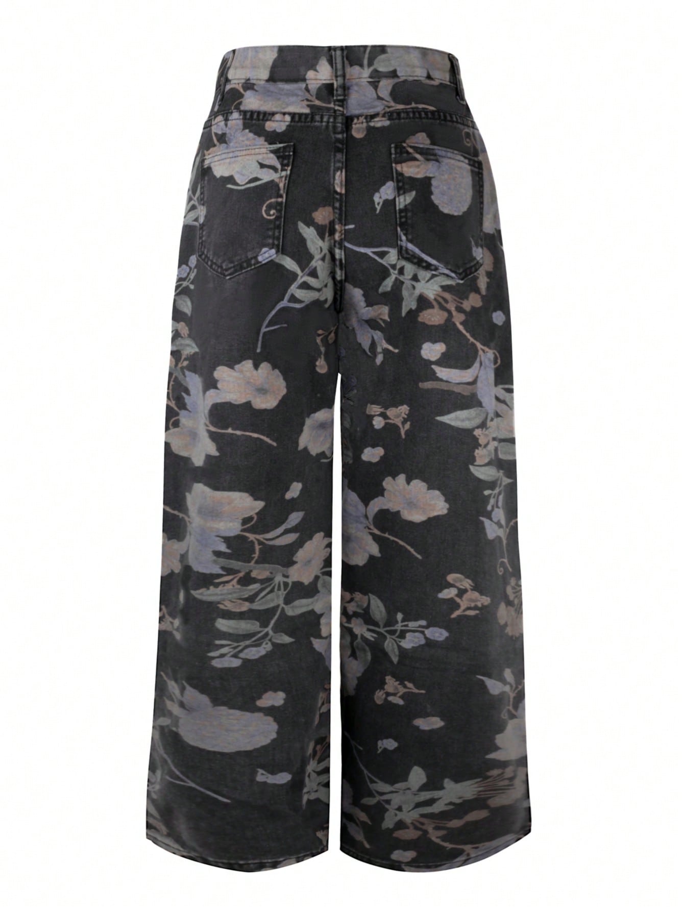 Black Floral Print Wide-Leg Jeans - High-Waisted Loose-Fit Denim Trousers for Casual Chic Outfits