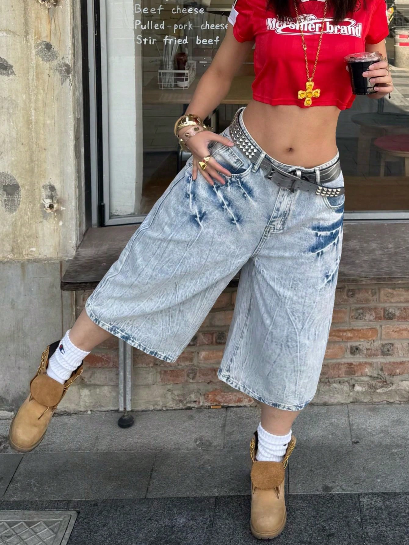 Women's Acid Wash Denim Full-length jeans with distressed