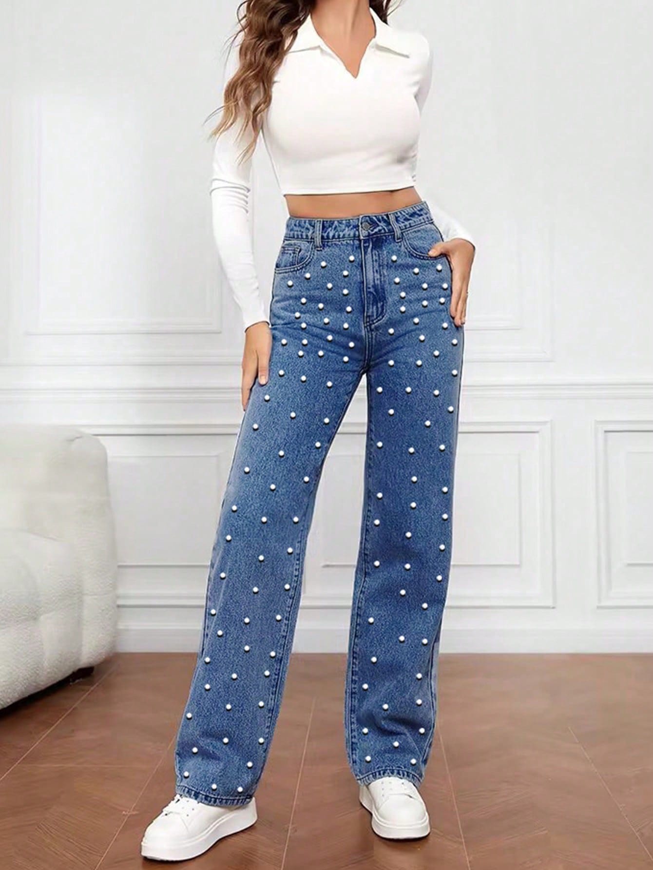 Women's Blue Viscose Blend High-Waisted Pearl Embellished Wide-Leg Denim Jeans