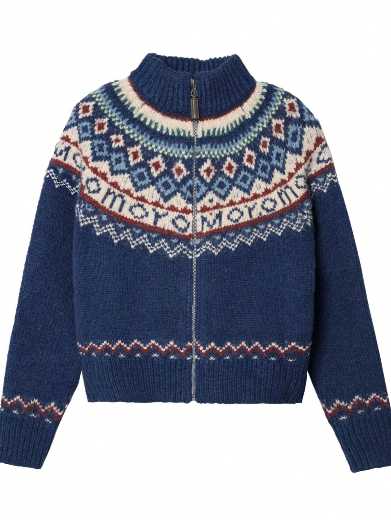 Women's Navy Blue Fair Isle Turtleneck Sweater, Retro Knitted Pullover with Ethnic Pattern for Winter