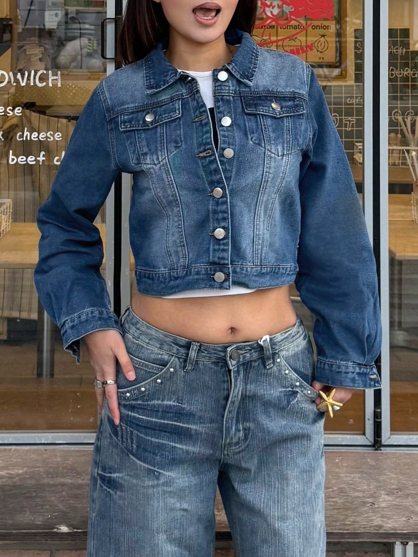 Women's Blue Cotton-Blend Cropped Denim Jacket with Button-Down Front