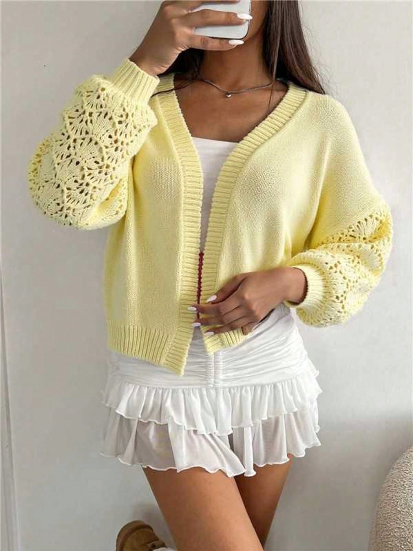 Women's Bright Yellow Open Front Knit Cardigan with Crochet Sleeve Detail