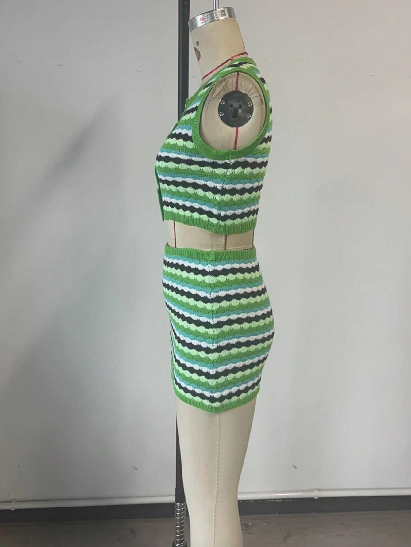 Women's Green Knit Two-piece knit set with striped pattern